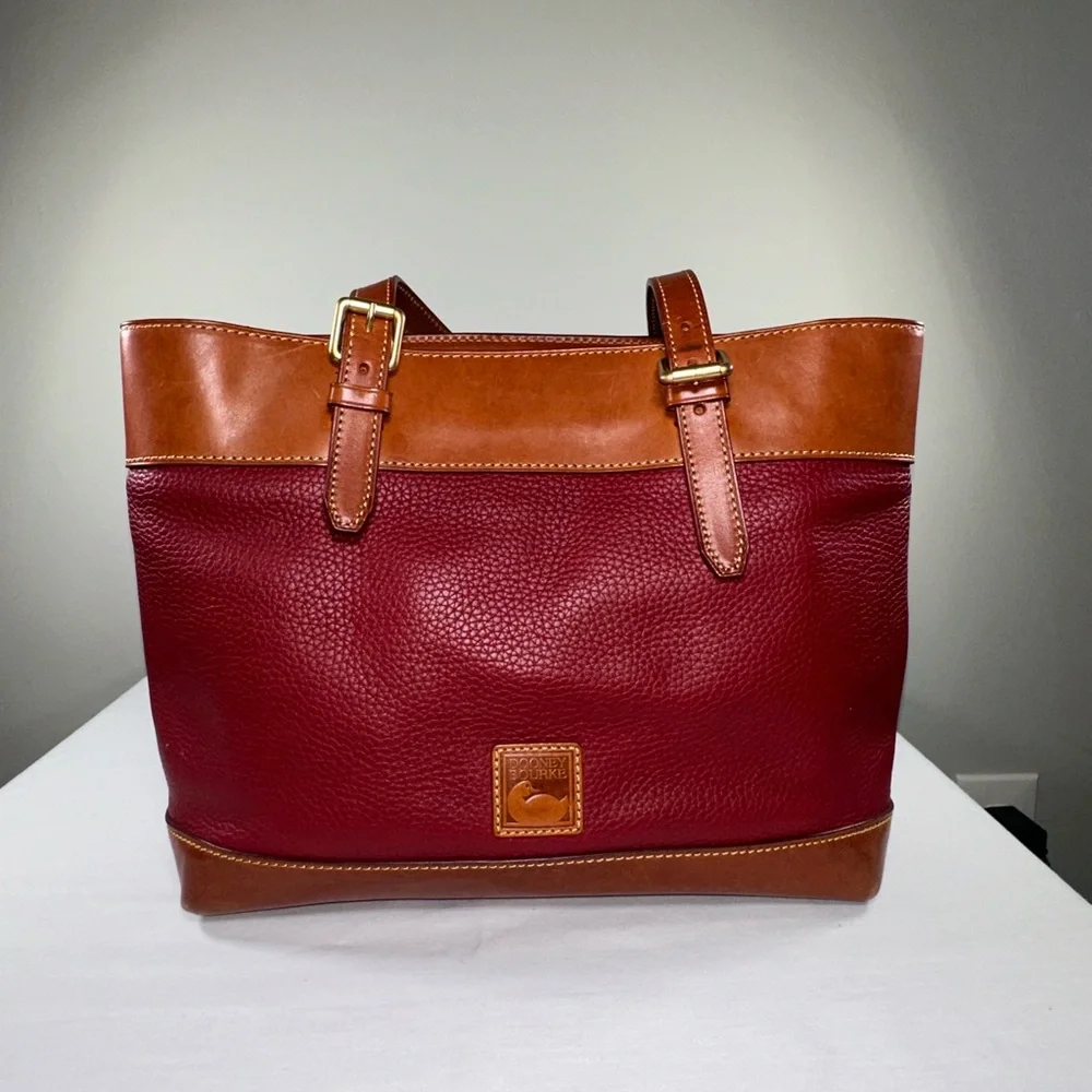 Dooney & Bourke Everyday Tote Burgundy Pebble Leather Tan Natural Patina Trim